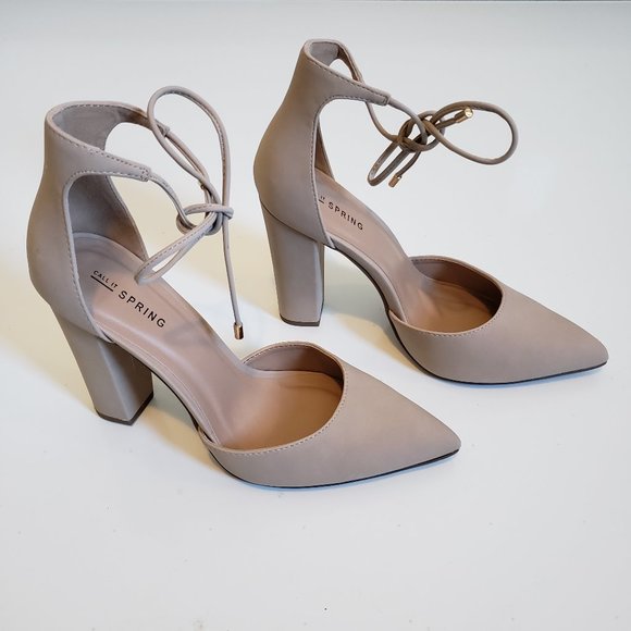 Call It Spring Nude Pointy Toe Chunky Heel Tie Up